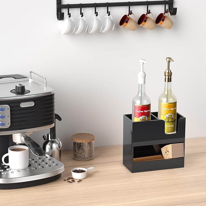 Coffee Condiment and Cup Organizer - 2-Tier Upright Cup and Lid Holder with Straw Organizer 3 Compartments Black Acrylic Cup Dispenser for Restaurant Breakroom Coffee Station Countertop