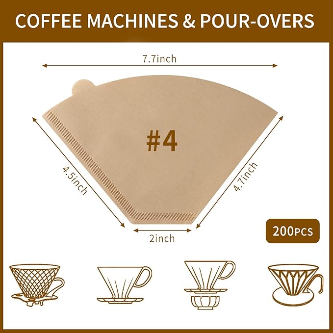 Coffee Filters #4，Cone Coffee Filter 8-12 Cup，200 Unbleached Natural Coffee Filters