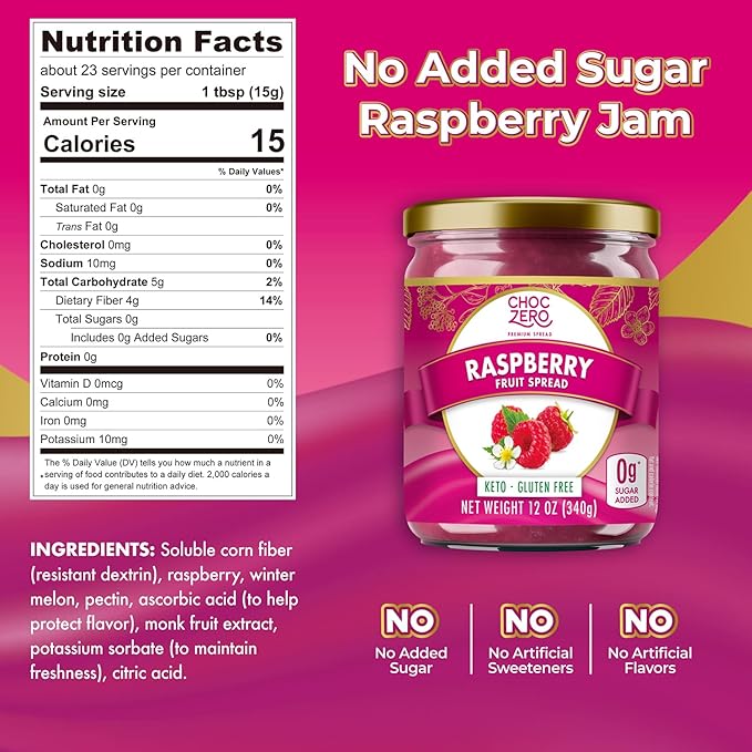 ChocZero Raspberry Jam Preserves, No Added Sugar, Keto Fruit Spread, Great Source of Fiber, All Natural, 12 Ounces (Pack of 1)
