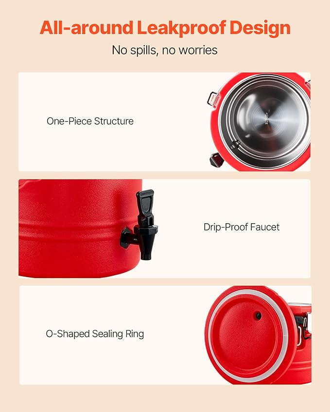 VEVOR Insulated Beverage Dispenser, 8 Gal/30.3L Thermal Hot and Cold Drink Server Dispenser with Spigot, Food-Grade Cooler Jug with 304 Stainless Steel Interior, for Tea Coffee Restaurant Outdoor