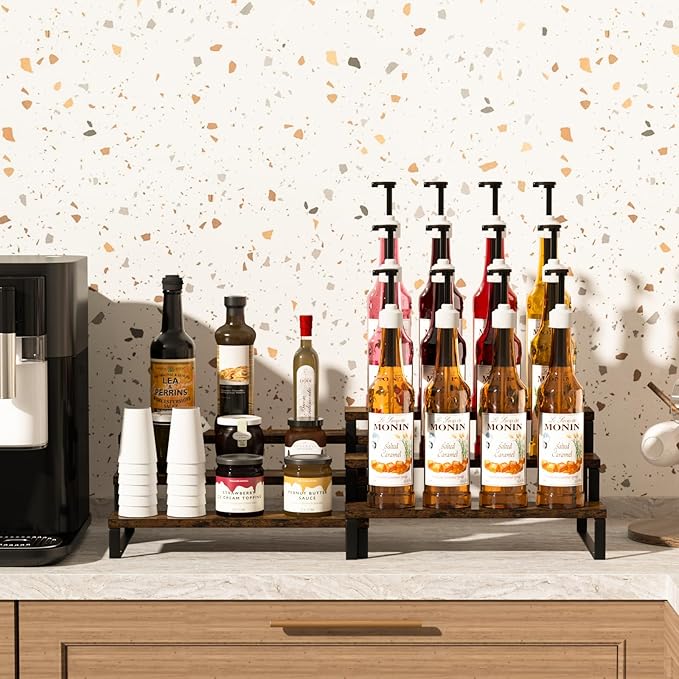 AUTARRONE Wooden Display Risers, 3-Tier Perfume Stand & Expandable Spice Rack Organizer, Cupcake Stand Holder & Display Shelf for Liquor, Figure & Dolls Collection (3-Tier, 2 Pack)