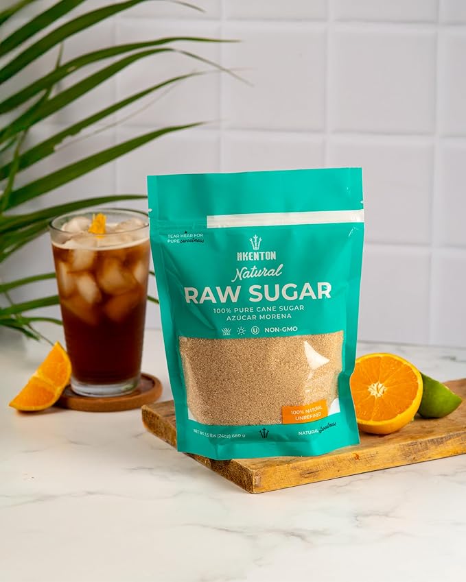 Akenton Natural Raw Cane Sugar, 3 Pound Resealable Bag | 100% Natural, Unprocessed, Unbleached, Unrefined Sugar | Gluten-Free, Vegan, Kosher | Non-GMO Project Verified