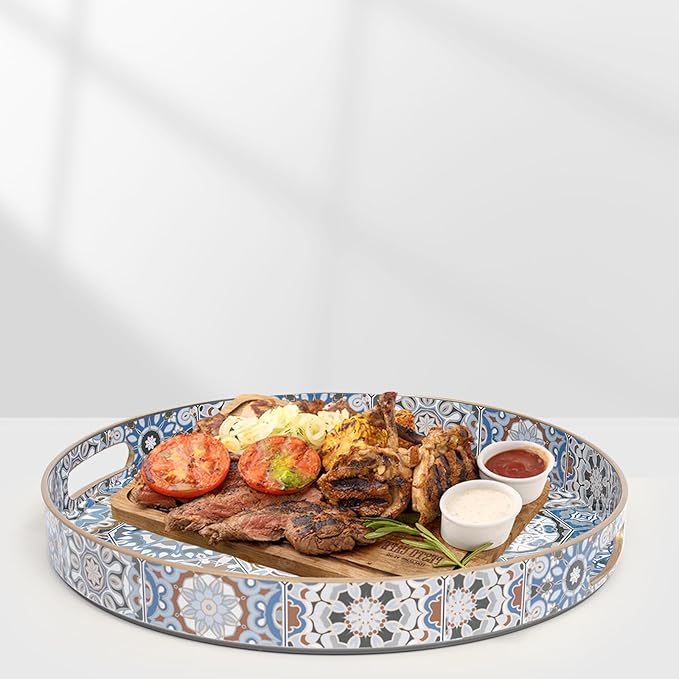 Round Coffee Table Trays, Serving Tray with Handles for Ottoman Coffee Table, Large Tray for Living Room Modern