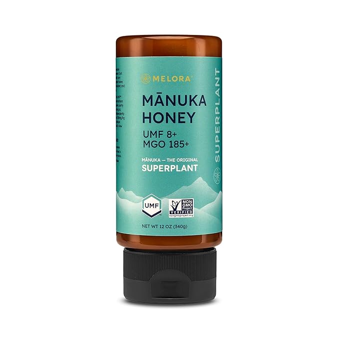 Melora Manuka Honey New Zealand Raw Honey | Pure, Unfiltered, Unpasteurized Honey | Organic Squeeze Bottle | UMF 8+ | MGO 185+ | 12 oz
