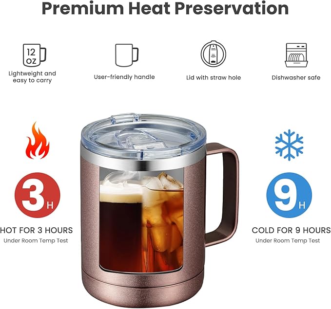 MEWAY 12oz Coffee Mug With Handle 2 Pack Bulk,Stainless Steel Insulated Travel Tumblers With Sliding Lid,Double Wall Vacuum Camping Cup for Hot & Cold Drinks Tea (Rose Gold,Set of 2)