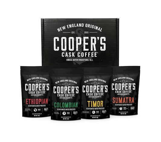 Gourmet Decaffeinated Coffee Sampler Gift Box Set | Whole Bean Coffee 4 bags, Ethiopian, Colombian, Timor, Sumatra Water Processed (Whole Bean, 16oz Decaf)