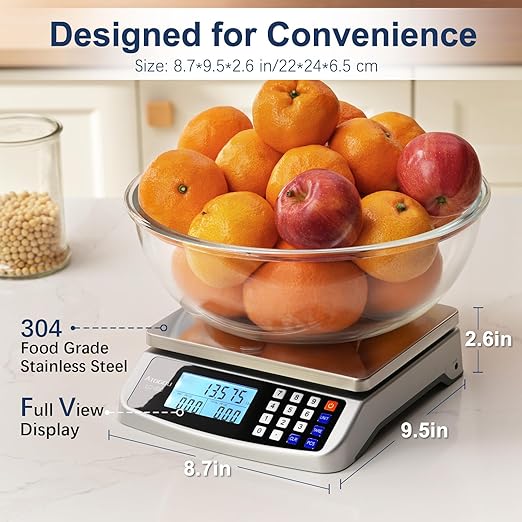 66lb Food Scale, Commercial Kitchen Scale with Price Computing, Plug-in Usable, 0.05oz/1g, 304 Stainless Steel, for Cooking, Vegetables, Farm, Industry, Counting. LC300 Silver