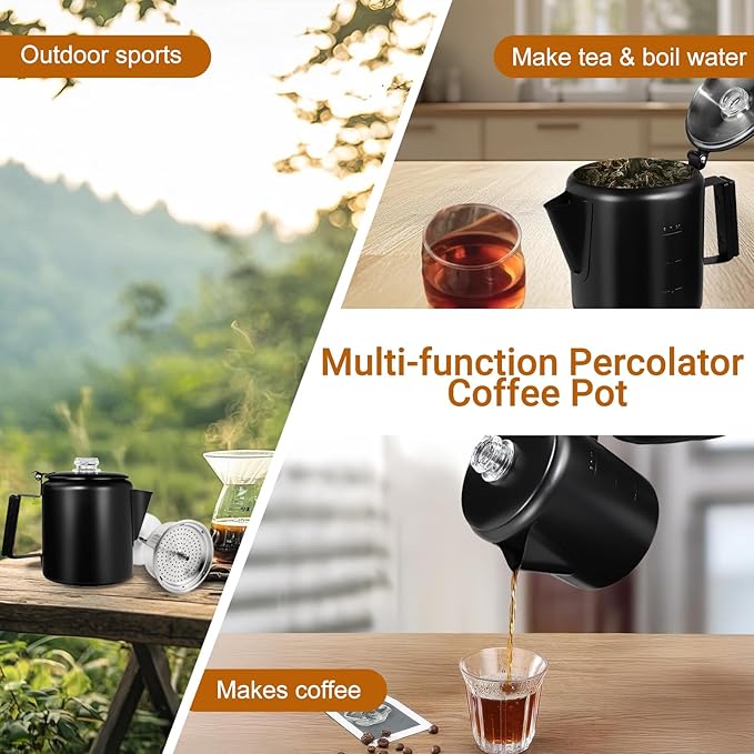 No Coating 6 Cup Percolator Coffee Pot 304 Stainless Steel Moka Pot Stovetop Espresso Maker Italian Greca Cuban Machine 1000ml 33.8oz Suitable for Gas Induction Stovetop Camping Kettle