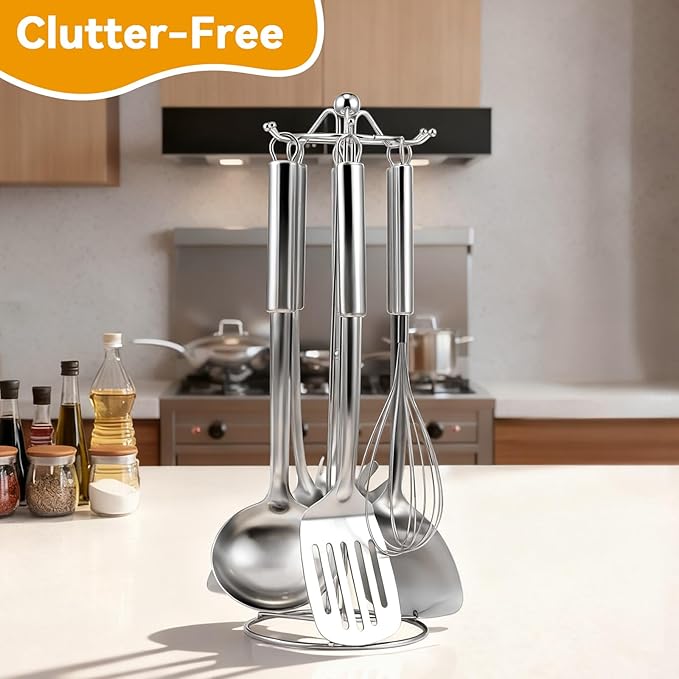 Stainless Steel Kitchen Cooking Utensils Set of 7 - Kitchen Utensils with Hanging Rack, Spatula, Slotted Turner, Soup Ladle, Slotted Spoon, Whisk, Pasta Server, Holder, Dishwasher Safe