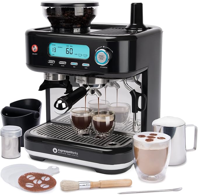 EspressoWorks Barista Pro Series Espresso Machine with Grinder, Steamer and LCD Display - Ready To Go In 60 Sec - 15-Bar Latte and Cappuccino Machine 30-Piece Bundle - Coffee Gifts (Black)