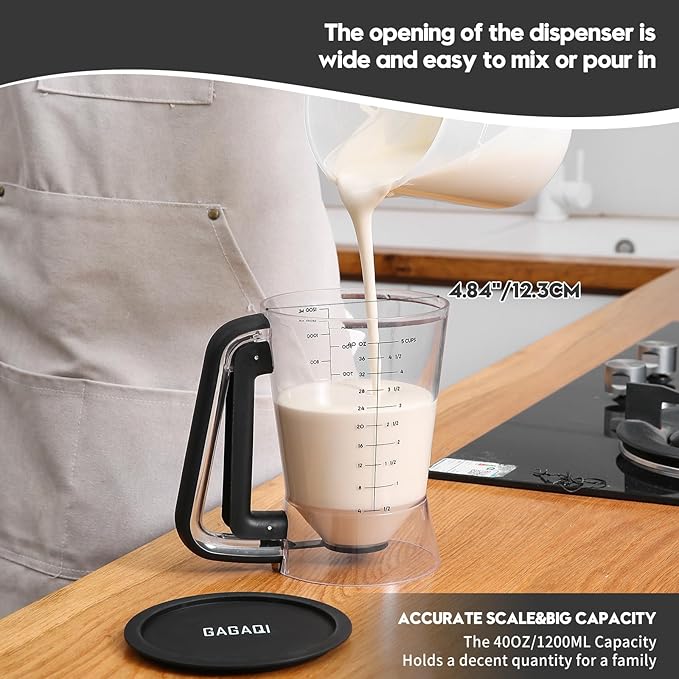 Pancake Batter Dispenser 5 Cup with Sturdy Handle,Batter Separator for Pancakes, Cupcake, Waffle, Muffin Mix, Cake & Crepe Batter pitcher with Squeeze Handle Baking Tools-Black