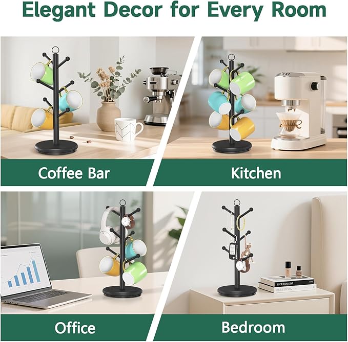 EsLuker.ly Mug Holder Tree Bamboo 360° Rotating Coffee Cup Display Rack with 6 Hooks for Home Kitchen Counter, Upgrade Wood Mug Stand Station Organizer, Building Your Dream Coffee Corner, Black