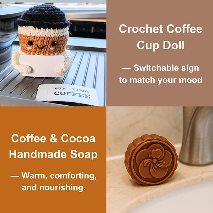 Coffee Bar Accessories Gift Set – Cute Crochet Plush, Cocoa Soap, Barista Must-Have Pin, Coffee Bar Décor Sign – Funny Kitchen Decoration for Drink Lovers & Station Display