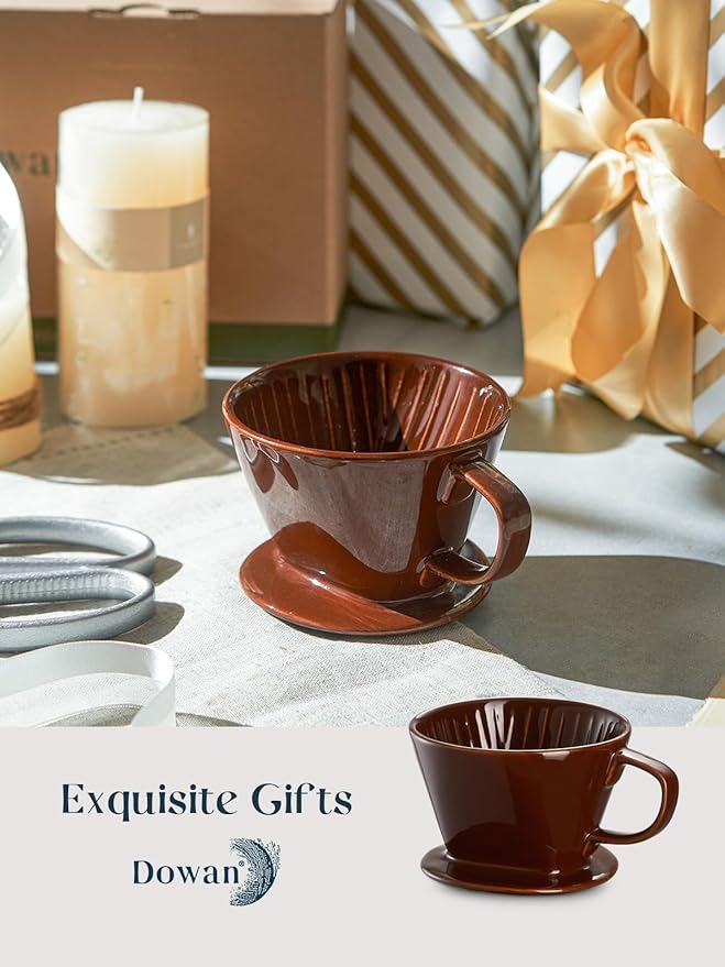 DOWAN Pour Over Coffee Dripper, Non Electric Pour Over Coffee Maker, Porcelain Slow Brewing Accessories for Home, Cafe, Restaurants, Easy Manual Brew Maker, Brown