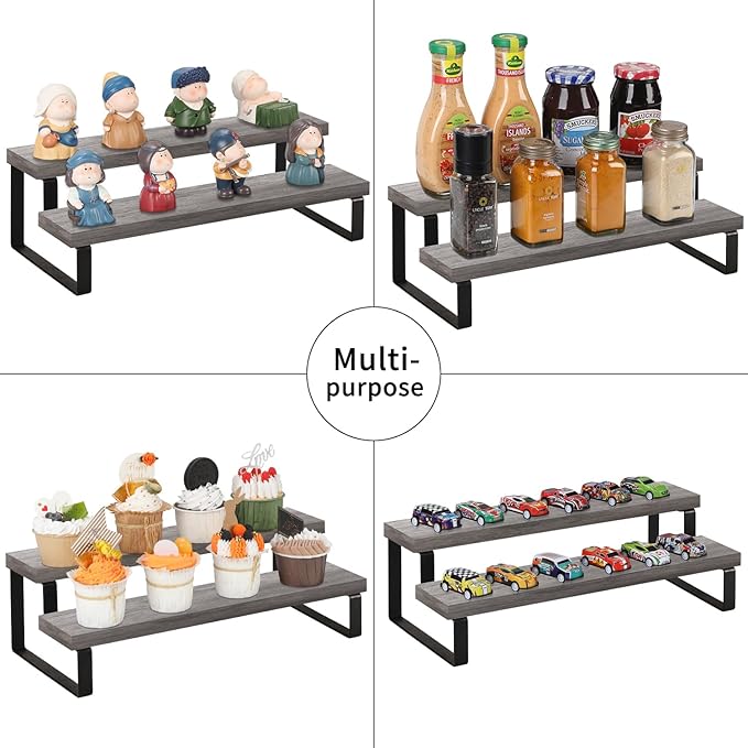 YINMIT Wooden Display Riser Stand, Tiered Perfume and Cologne Organizer Stand, 2 Tier Spice Rack Organizer, Rustic Display Shelf for Candles (2 Tier,2Pack,Grey)