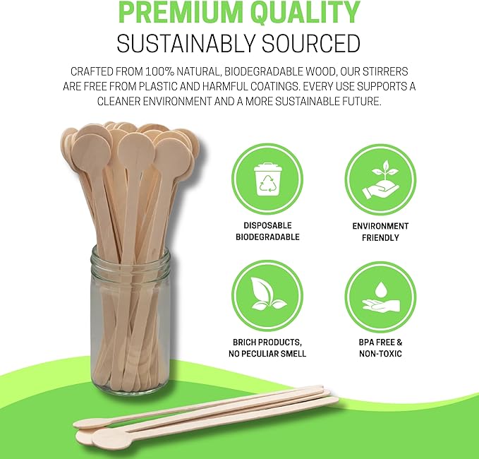 6.25" Custom Wooden Coffee Stirrers with Round Heads – Customizable Stirrer Sticks with Logo or Text | Eco-Friendly Drink Stirrers for Coffee, Tea, Beverages & Events (6.25" - Pack of 100)