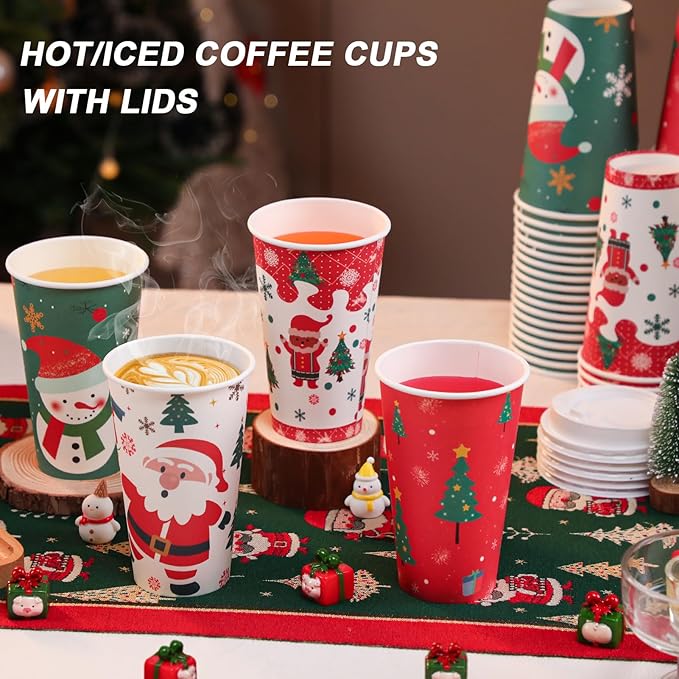 SIUQ 100 Pack 16 oz Christmas Disposable Coffee Cups with Lids, Thickened Christmas Paper Cups for Hot/Cold Beverage, Tea, Coffee, Hot Chocolate, Xmas Party Cups Ideal for Home, Cafes, Store, Holiday