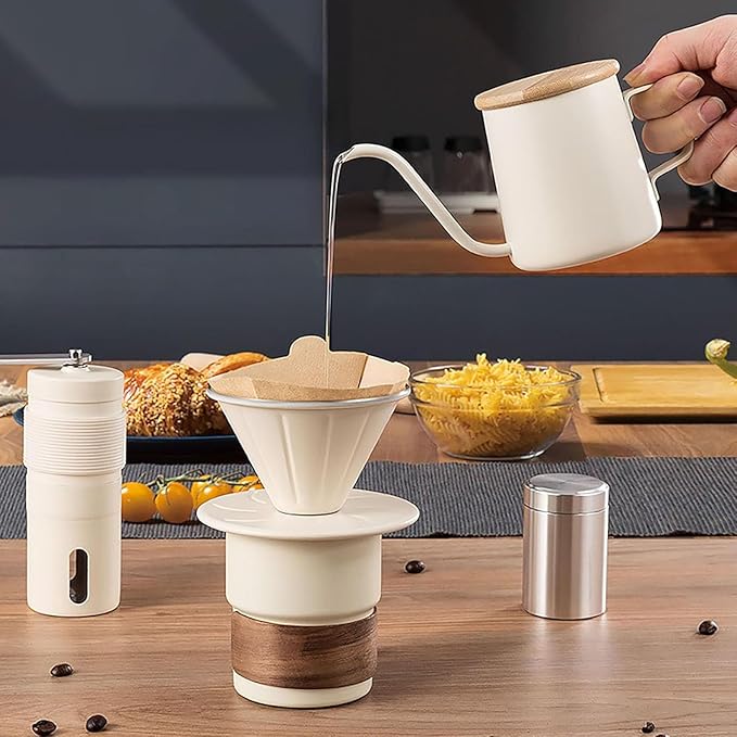 Portable Hand Coffee Maker Set for Camping Travel, Stainless Steel Manual Coffee Kit with Hand Grinder, 350ml Pour Over Kettle, Filter Cup, Cup and Scoop，Suitable for family travel and camping (white)