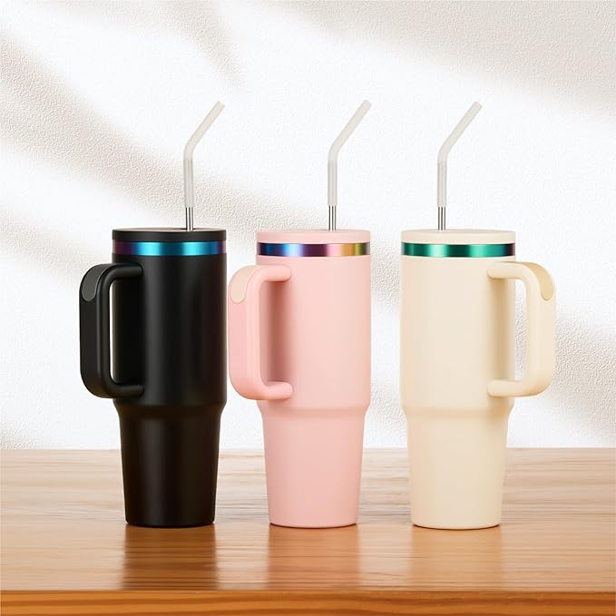 OMTech 40 oz. Tumblers with Handle & Lid, 12 Pack Tumbler Bulk with Double Wall Vacuum Insulation, Food-Grade Stainless Steel Insulated Coffee Mug, Sweatproof Travel Mug for Hot Cold Drinks, Cream