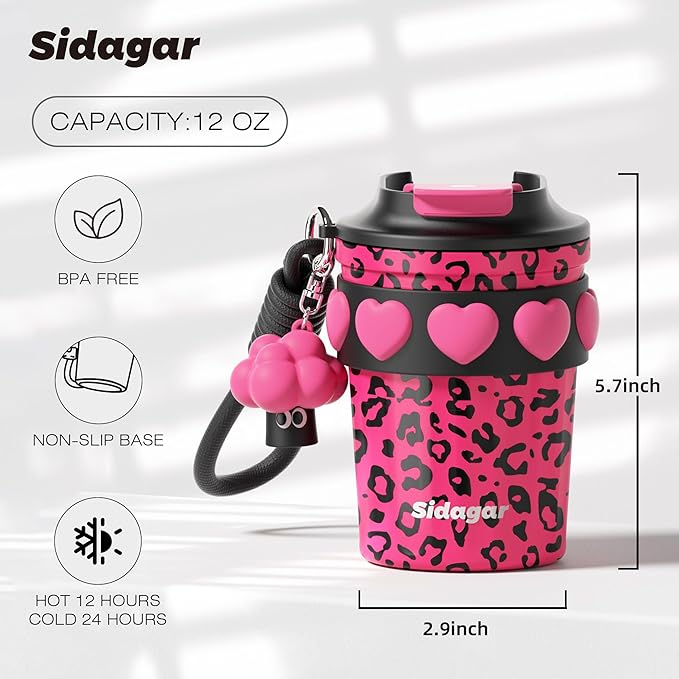 12 oz Travel Coffee Mug Spill Proof Leak Proof, Stainless Steel Thermal Coffee Cup with Lid, Resuable Cup for Hot and Cold, Portable Tumbler for Women, Pink Leopard