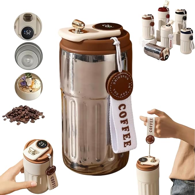 450ml Stainless Steel Travel Mug with Temperature Display - Vacuum Insulated Bottle, Stainless Steel Insulated Cup, Portable Coffee Bottle Cap, Coffee Cup Smart Travel Mug (Silver)