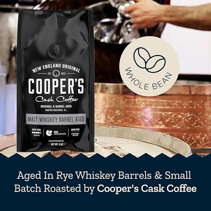 Single-Malt Whiskey Barrel Aged Coffee - Medium Dark Roast - Single Origin Sumatra Coffee Beans Aged in Stout Whiskey Barrels - 5lb Bags, Whole Bean