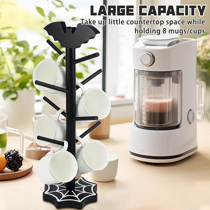Bat Mug Holder Tree - 8 Hooks Coffee Mug Rack - Gothic Home Decor Wood Coffee Mug Tree for Countertop - Coffee Cup Holder for Halloween Kitchen Organizer & Coffee Bar Accessories (Spider Web)