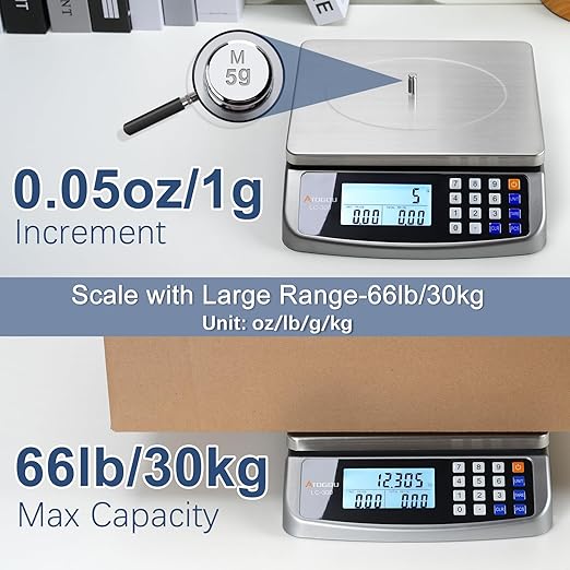 66lb Food Scale, Commercial Kitchen Scale with Price Computing, Plug-in Usable, 0.05oz/1g, 304 Stainless Steel, for Cooking, Vegetables, Farm, Industry, Counting. LC300 Grey