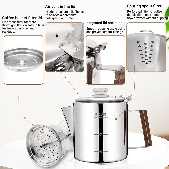 No Coating 9 Cup Percolator Coffee Pot 304 Stainless Steel Moka Pot Stovetop Espresso Maker Italian Greca Cuban Machine 1500ml 50.7oz Suitable for Gas Induction Stovetop Camping Kettle