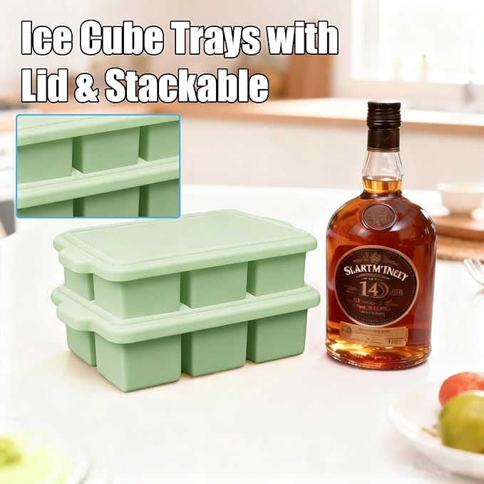 Silicone Ice Cube Tray with Lid 8-Cavity Reinforced Steel Frame Ice Cube Trays Easy Release BPA-Free Makes 3 Large Square & 5 Small Rectangular Ice Trays for Cocktails Whiskey Coffee,Pink
