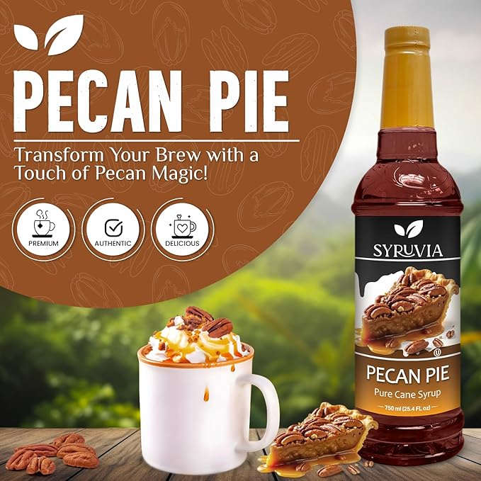 Syruvia Coffee Syrup, Pecan Pie Flavored Syrup for Drinks, Lattes, and Desserts – 25.4 fl oz,