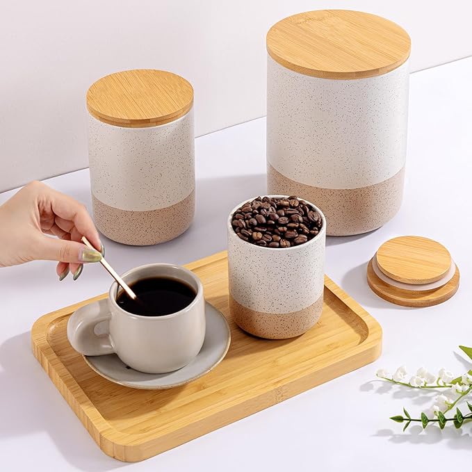 Yangbaga Canisters Sets for Kitchen Countertop-Set of 4 Ceramic Kitchen Canisters Food Storage Jar with Airtight Wood Lids & Spoons & Label,Large Flour and Sugar Containers for Serving Ground Coffee