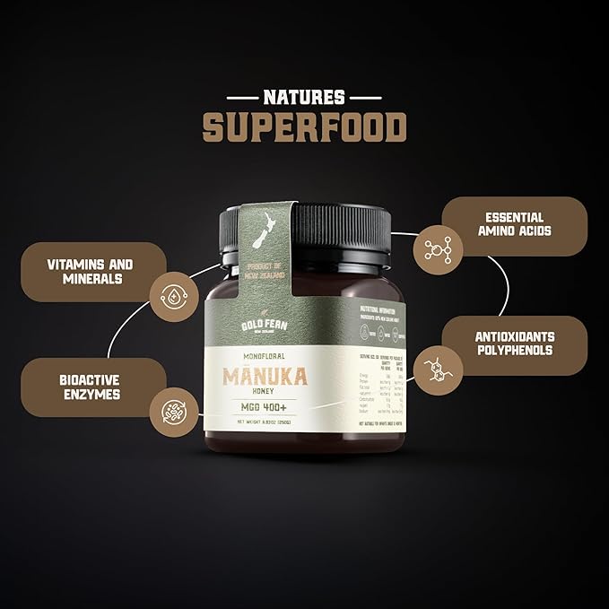 Gold Fern Honey - Raw New Zealand Manuka Honey Medical Grade | 8.8oz Monofloral MGO 400+ | Pure, Natural, Unpasteurized, Unfiltered Superfood, Traceable from Hive to Hand.