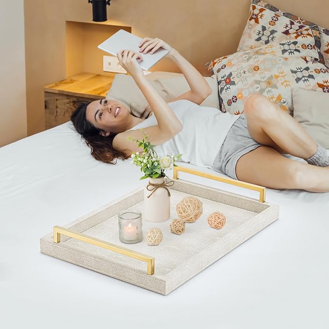 Ivory Shagreen Decorative Tray Large Rectangle Coffee Table Tray for Ottoman Faux Leather Serving Tray with Brushed Gold Handles