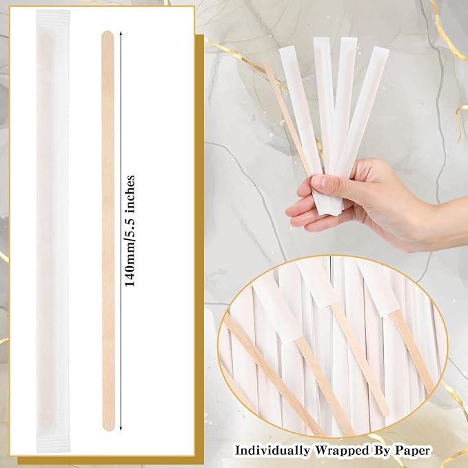 Amyhill 1000 Pcs Individually Wrapped Wooden Coffee Stirrers, Disposable Coffee Stir Sticks Round End Sticks Bulk Wood Stirrers for Cocktail Hot Drinks Restaurant Bar Home Office (5.5 Inch)
