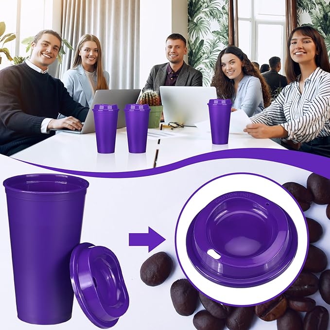 Domensi 15 Pack Reusable Coffee Cups with Lids 16 oz Disposable Travel Cups Bulk Plastic to Go Coffee Tumblers for DIY Hot Cold Drink Party Favors Coworker, Microwaveable (Purple)