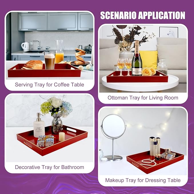 Gifturbo Red Large Serving Tray with Handles，Rectangular Plastic Elegant Decorative Coffee Table Tray for Ottoman, Living Room, Bathroom, Home Decor, Vanity Tray with Gold Trimming, 15.7” x 11.8”