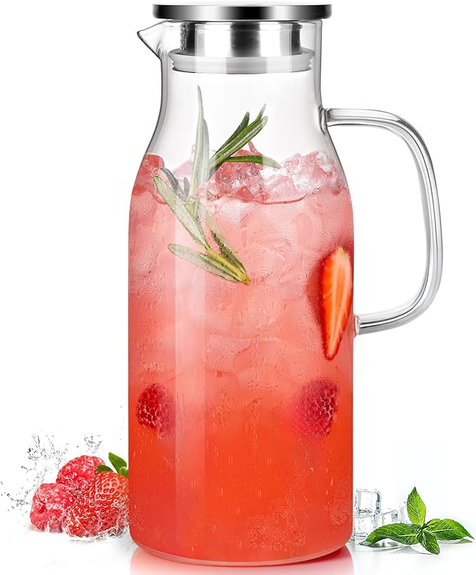 Glass Pitcher with Lid, 2 Liter 68oz Water Pitcher with Handle for Fridge, Large Drink Jug for Iced Tea, Coffee, Juice, Borosilicate Glass Carafe for Hot/Cold Brew Beverage, Heat Resistant