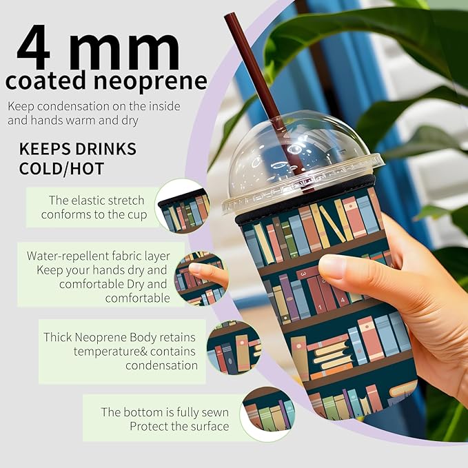 Reusable Neoprene Insulator Sleeve for Iced Coffee Cups, Medium 22-28oz Durable Drink Sleeve for Cold Beverages, Cute Beverage Holder Cup Sleeve for Women Men Cute Bookshelf