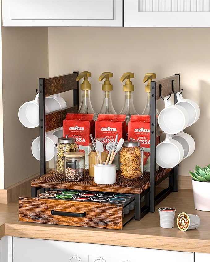 Evermagin K Cup Holder, 35 Pod Capacity, Coffee Pod Holder Compatible with Keurig, Coffee Station Organizer for Countertop with Cup Rack, Rustic Brown