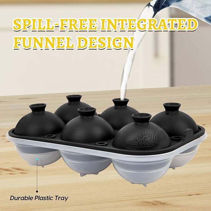 Samuelworld Premium Ice Tray Combo, Large Ice Sphere Maker & Giant Ice Cube Trays, 2 Packs, Food Grade, Easy To Use, Spill-Free Integrated Funnels, Whiskey Bourbon Cocktails (Black)