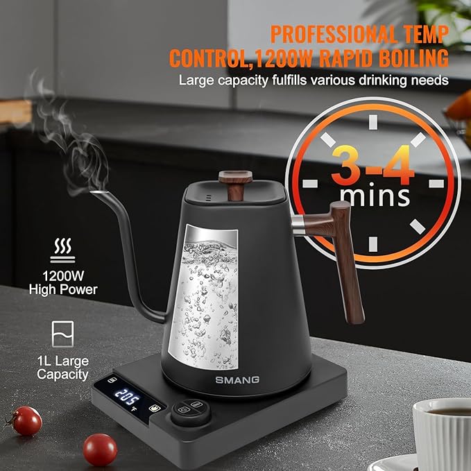Electric Kettles, Gooseneck Electric Kettle, ±1℉ Temperature Control, for Pour Over Coffee and Tea, 304 Stainless Steel Inner, BPA-Free, Quick Heating Electric Kettles for Boiling Water, 1L Black