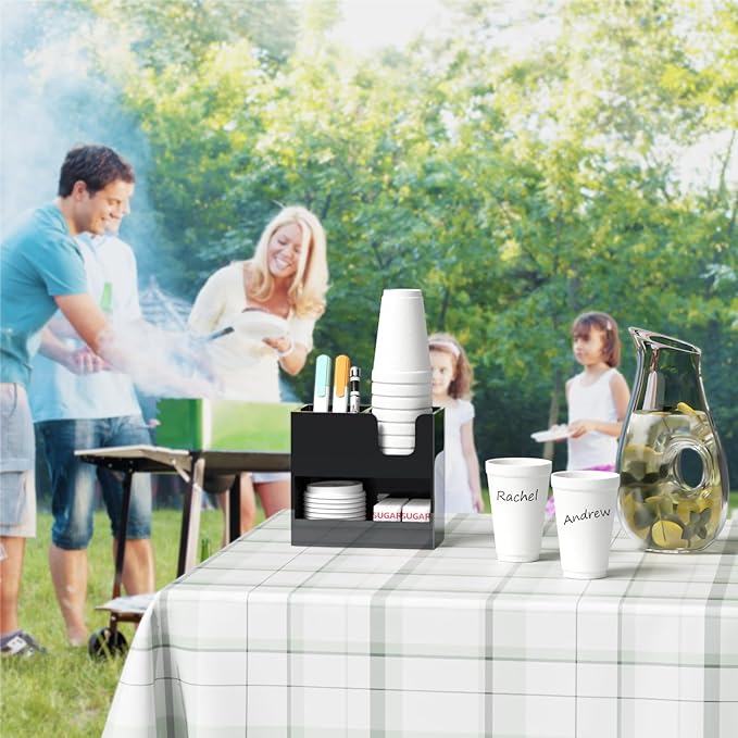 Coffee Condiment and Cup Organizer - 2-Tier Upright Cup and Lid Holder with Straw Organizer 3 Compartments Black Acrylic Cup Dispenser for Restaurant Breakroom Coffee Station Countertop