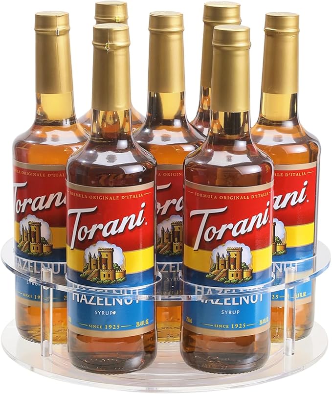 IEEK Large Rotating Coffee Syrup Organizer 7 Bottles Clear Acrylic Coffee Syrup Rack for Countertop Syrup Bottle Holder Stand With Anti Slip Pad for Coffee Bar Station,Turntable Wine Display Tray