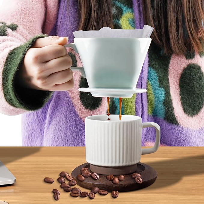 Handmade Pour Over Ceramic Coffee Dripper - Authentic Brewing Experience for Camping, Office, and Home (Green)