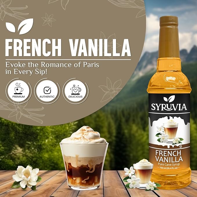 Syruvia Coffee Syrup, French Vanilla Flavored Syrup for Drinks, Lattes, and Desserts – 25.4 fl oz