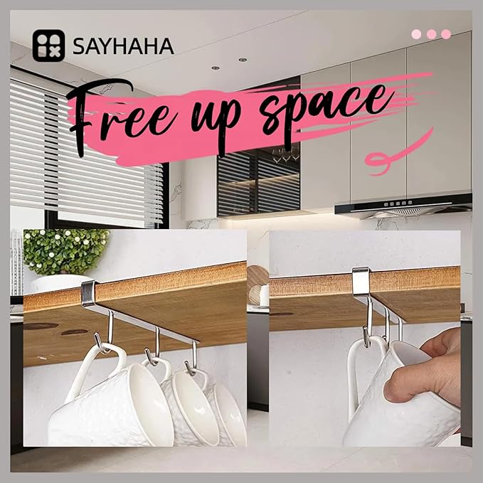 Mug Hooks Under Cabinet , 304 Stainless Steel Cup Hooks for Hanging Under Shelf, Mug Organizer Rack with 9 Hooks for Displaying Mugs, Coffee Cups and Kitchen Utensils,Fit for 0.8" or Less thickness