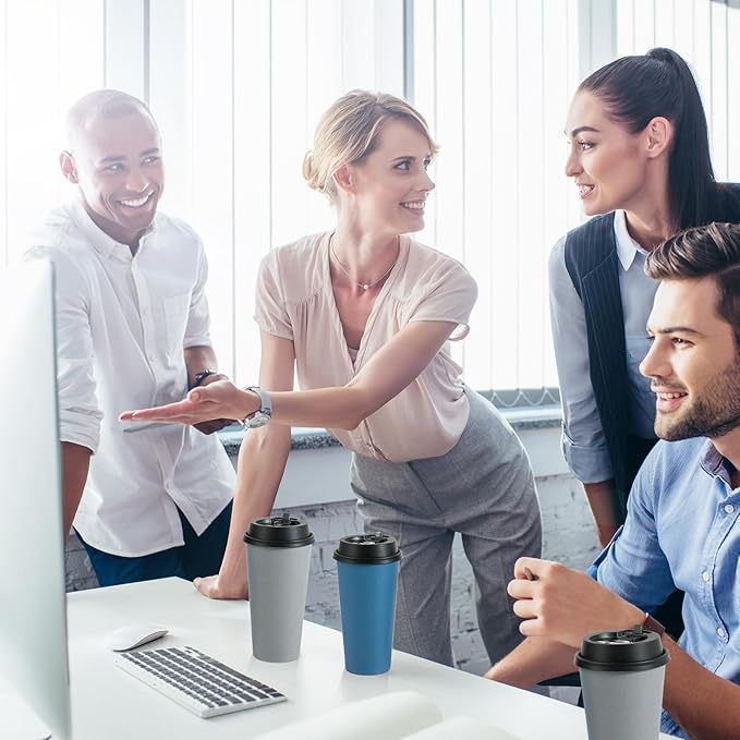 LITOPAK 100 Pack 20 oz Disposable Paper Coffee Cups with Lids for Coffee, Water, Juice, or Tea, Blue and Gray Hot Paper Cups for Home, Restaurant, Store, and Cafe