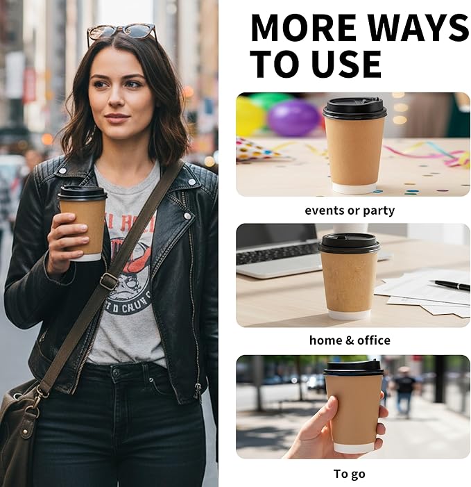 Disposable Coffee Paper Cups Of 12oz With lids, Double Wall Insulated Hot To go Cups With Lids, Hot Coffee Cups With Lids For Coffee Supplies, Daily Usage Or Any events