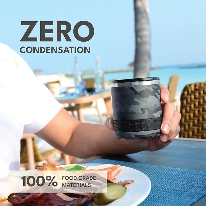 Elemental Recess Lowball Tumbler, 10oz Triple Wall Stainless Steel Cup with Non-Shattered Tritan Lid, Insulated Whiskey Glass, Insulated Coffee Tumbler Mug for Hot & Cold Drinks - Black Camo